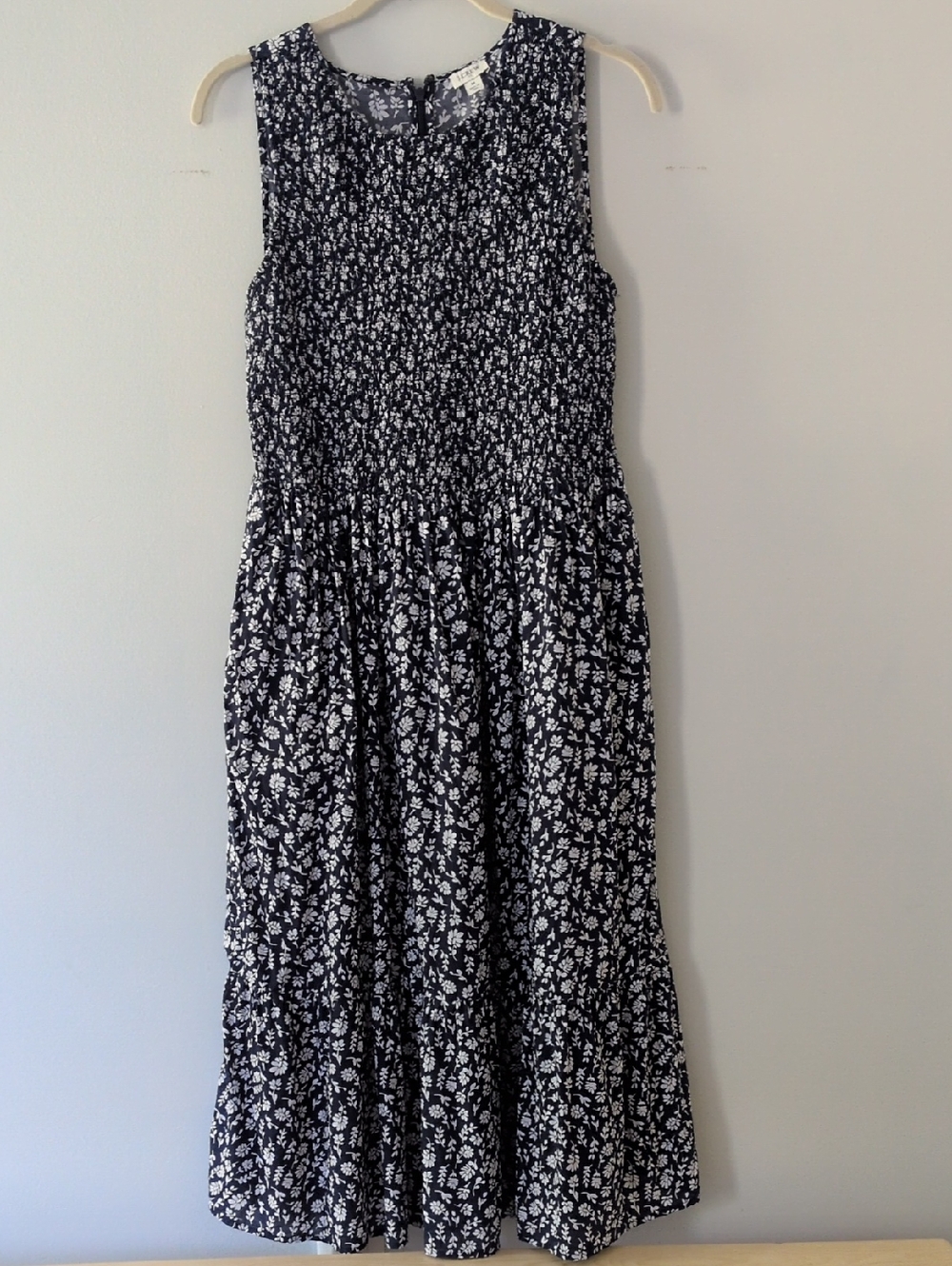 J. Crew Smocked Navy and White Floral Dress Size Medium